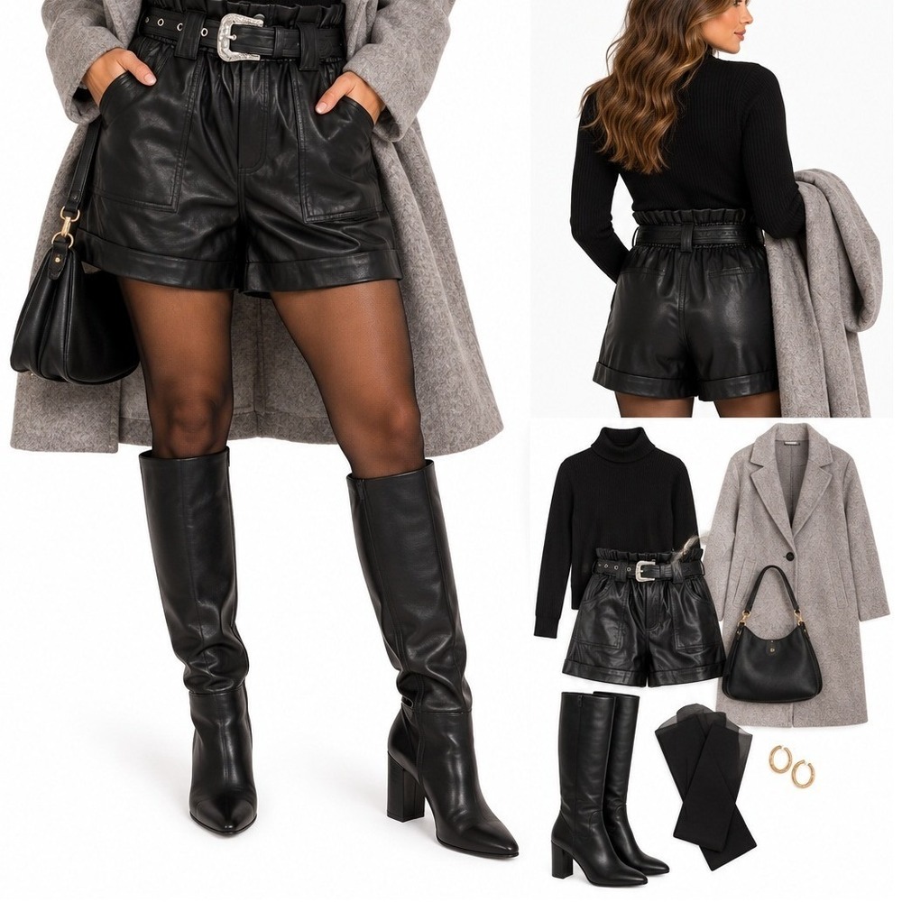 Forever 21 Women Faux Leather Western Belted Paperbag Shorts Black Large
